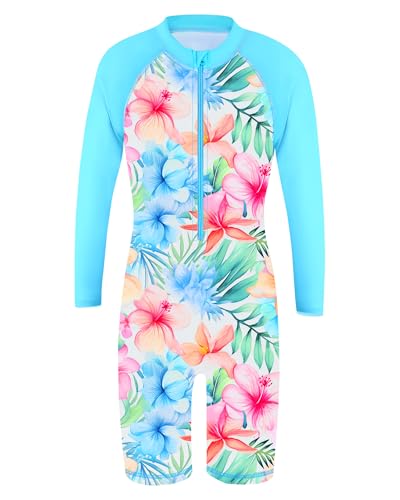 HUAANIUE 1-Teiliger Badeanzug Mädchen Kinder Anti-UV UPF 50+ Kinder Mädchen Einteiliger Badeanzug Langen Ärmeln mit Reißverschluss 2-14 Jahre (S512-Hellblaue Blume,8-10 Jahre) von HUAANIUE
