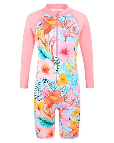 HUAANIUE 1-Teiliger Badeanzug Mädchen Kinder Anti-UV UPF 50+ Kinder Mädchen Einteiliger Badeanzug Langen Ärmeln mit Reißverschluss 2-14 Jahre (S512-Rosa Blume,10-11 Jahre) von HUAANIUE