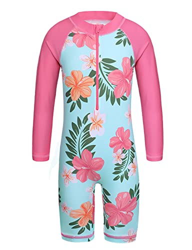 HUAANIUE 1-Teiliger Badeanzug Mädchen Kinder Anti-UV UPF 50+ Kinder Mädchen Einteiliger Badeanzug Langen Ärmeln mit Reißverschluss 2-14 Jahre (S291-Cyan Blume, 6-8 Jahre) von HUAANIUE