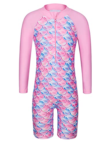 HUAANIUE 1-Teiliger Badeanzug Mädchen Kinder Anti-UV UPF 50+ Kinder Mädchen Einteiliger Badeanzug Langen Ärmeln mit Reißverschluss 2-14 Jahre (S291-Rosa Schuppen, 10-11 Jahre) von HUAANIUE