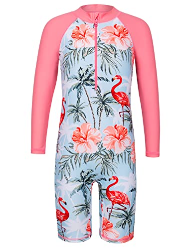 HUAANIUE 1-Teiliger Badeanzug Mädchen Kinder Anti-UV UPF 50+ Kinder Mädchen Einteiliger Badeanzug Langen Ärmeln mit Reißverschluss 2-14 Jahre (S310-Pfirsichrosa Flamingos, 6-8 Jahre) von HUAANIUE