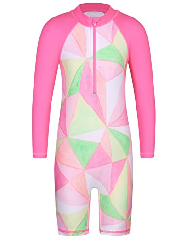 HUAANIUE 1-Teiliger Badeanzug Mädchen Kinder Anti-UV UPF 50+ Kinder Mädchen Einteiliger Badeanzug Langen Ärmeln mit Reißverschluss 3-11 Jahre (S403-Rosa Geometrisch, 10-11 Jahre) von HUAANIUE