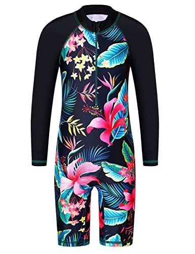 HUAANIUE 1-Teiliger Badeanzug Mädchen Kinder Anti-UV UPF 50+ Kinder Mädchen Einteiliger Badeanzug Langen Ärmeln mit Reißverschluss 2-14 Jahre (S403-Schwarze Blume, 6-8 Jahre) von HUAANIUE