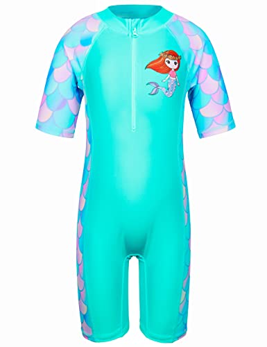 HUAANIUE Mädchen Badeanzug 2-12 Jahre, Einteiler mit UV-Schutz UPF50+, Kurzarm, Front-Reißverschluss, Bunte Druckmuster ideal für Schwimmen & Strand (S234-Cyan Schuppen, 6-8 Jahre) von HUAANIUE