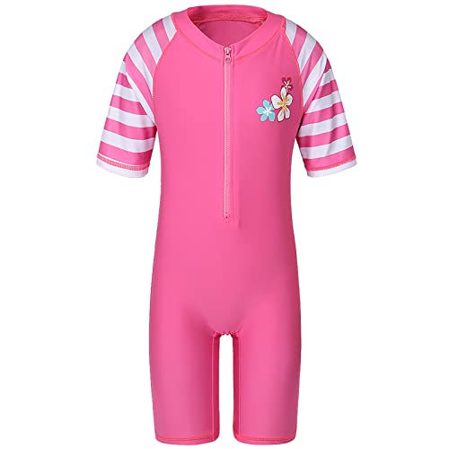 HUAANIUE Mädchen Badeanzug 2-12 Jahre, Einteiler mit UV-Schutz UPF50+, Kurzarm, Front-Reißverschluss, Bunte Druckmuster ideal für Schwimmen & Strand (S234-Leuchtend Rosa, 5-6 Jahre) von HUAANIUE