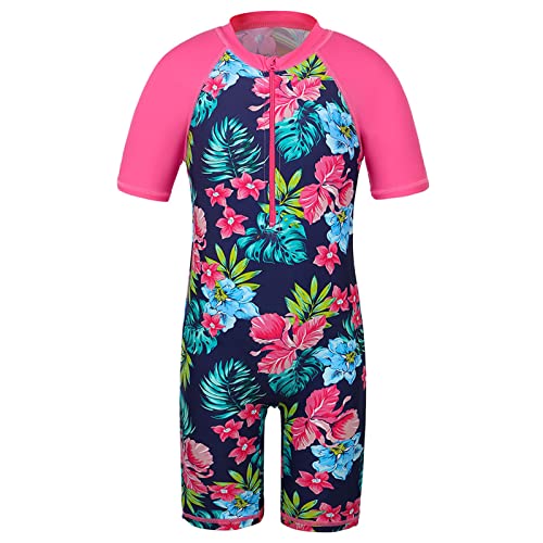 HUAANIUE Mädchen Badeanzug 2-12 Jahre, Einteiler mit UV-Schutz UPF50+, Kurzarm, Front-Reißverschluss, Bunte Druckmuster ideal für Schwimmen & Strand (S253-Marine Blau Blume, 4-5 Jahre) von HUAANIUE