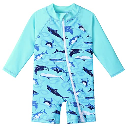 HUAANIUE 1-Teiliger Jungen Baby Badeanzug Anti-UV UPF 50+ Baby Jungen Einteiliger Badeanzug Langen Ärmeln mit Reißverschluss 1 Monat-6 Jahre (S416-Blau Hai, 1 Monat-6 Monate) von HUAANIUE