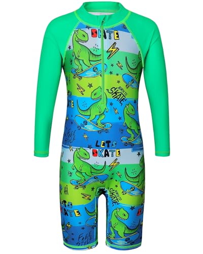 HUAANIUE Junge Kinder 1-Teiliger Badeanzug Anti-UV UPF 50+ Kinder Jungen Einteiliger Badeanzug mit Reißverschluss Langen Ärmeln 2-14 Jahre (S469-Grüner Dinosaurier, 2-3 Jahre) von HUAANIUE