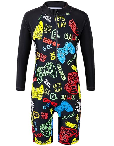 HUAANIUE Junge Kinder 1-Teiliger Badeanzug Anti-UV UPF 50+ Kinder Jungen Einteiliger Badeanzug mit Reißverschluss Langen Ärmeln 2-14 Jahre (S469-Schwarzes Spiel, 8-10 Jahre) von HUAANIUE