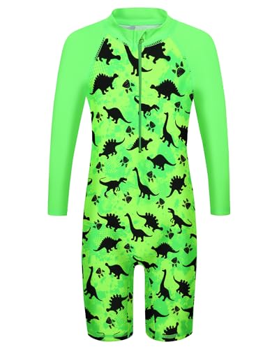 HUAANIUE Junge Kinder 1-Teiliger Badeanzug Anti-UV UPF 50+ Kinder Jungen Einteiliger Badeanzug mit Reißverschluss Langen Ärmeln 2-14 Jahre (S498-Grüner Dinosaurier, 10-11 Jahre) von HUAANIUE