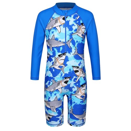 HUAANIUE Junge Kinder 1-Teiliger Badeanzug Anti-UV UPF 50+ Kinder Jungen Einteiliger Badeanzug mit Reißverschluss Langen Ärmeln 2-14 Jahre (S469-Königliches Blau Hai, 8-10 Jahre) von HUAANIUE