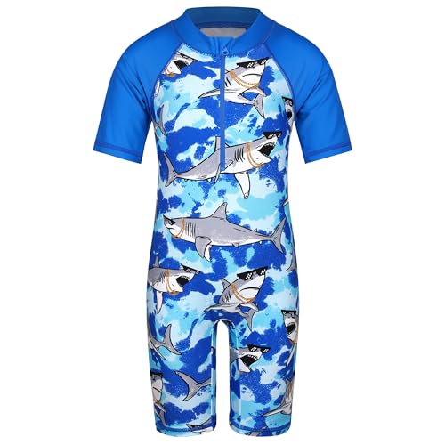 HUAANIUE Junge Kinder 1-Teiliger Badeanzug Anti-UV UPF 50+ Kinder Jungen Einteiliger Kurze Badebekleidung mit Reißverschluss 2-10 Jahre (S221-Saphirblau Hai, 4-5 Jahre) von HUAANIUE