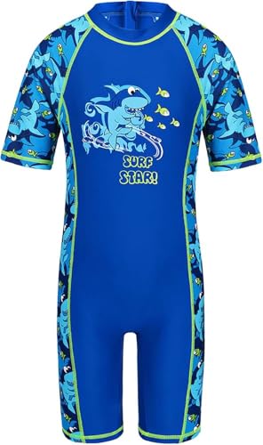 HUAANIUE Junge Kinder 1-Teiliger Badeanzug Anti-UV UPF 50+ Kinder Jungen Einteiliger Kurze Badebekleidung mit Reißverschluss 2-12 Jahre (S221-Tiefblauer Hai, 4-5 Jahre) von HUAANIUE