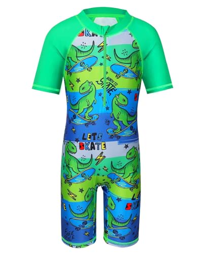 HUAANIUE Junge Kinder 1-Teiliger Badeanzug Anti-UV UPF 50+ Kinder Jungen Einteiliger Kurze Badebekleidung mit Reißverschluss 2-12 Jahre (S245-Grüner Dinosaurier, 6-7 Jahre) von HUAANIUE