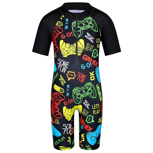 HUAANIUE Junge Kinder 1-Teiliger Badeanzug Anti-UV UPF 50+ Kinder Jungen Einteiliger Kurze Badebekleidung mit Reißverschluss 2-12 Jahre (S245-Schwarzes Spiel, 4-5 Jahre) von HUAANIUE