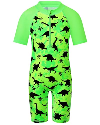 HUAANIUE Junge Kinder 1-Teiliger Badeanzug Anti-UV UPF 50+ Kinder Jungen Einteiliger Kurze Badebekleidung mit Reißverschluss 2-12 Jahre (S470-Grüner Dinosaurier, 7-8 Jahre) von HUAANIUE