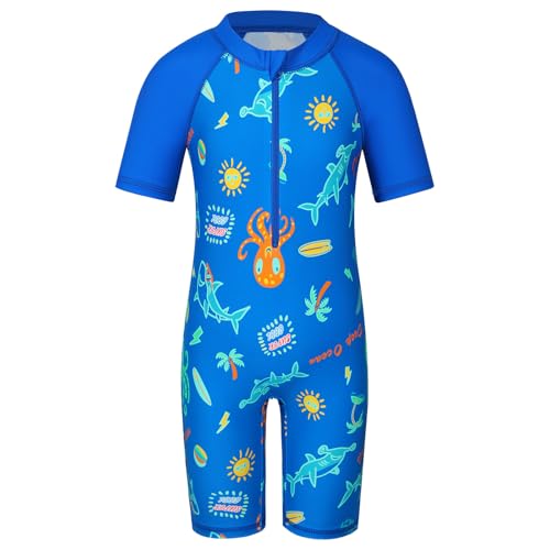 HUAANIUE Junge Kinder 1-Teiliger Badeanzug Anti-UV UPF 50+ Kinder Jungen Einteiliger Kurze Badebekleidung mit Reißverschluss 2-12 Jahre (S470-Königsblauer Oktopus, 4-5 Jahre) von HUAANIUE