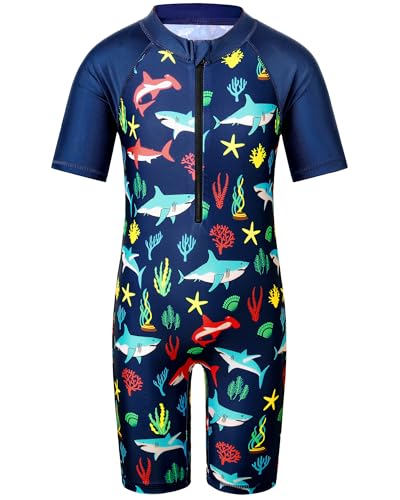 HUAANIUE Junge Kinder 1-Teiliger Badeanzug Anti-UV UPF 50+ Kinder Jungen Einteiliger Kurze Badebekleidung mit Reißverschluss 2-12 Jahre (S470-Korallenhai, 6-7 Jahre) von HUAANIUE