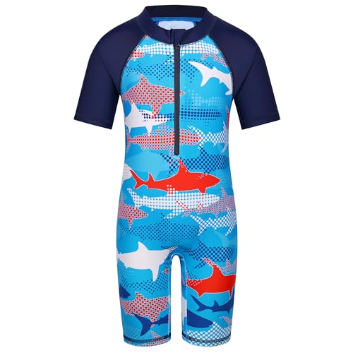 HUAANIUE Junge Kinder 1-Teiliger Badeanzug Anti-UV UPF 50+ Kinder Jungen Einteiliger Kurze Badebekleidung mit Reißverschluss 2-12 Jahre (S470-Marineblauer Fisch, 6-7 Jahre) von HUAANIUE