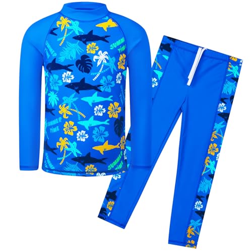 HUAANIUE Jungen Kinder Badeanzug 2-Teiliger Anti-UV UPF 50+ Kinder Jungen Strand Badeanzug Lang und Kurz 3-12 Jahre (S476-Marineblaue Blume, 4-5 Jahre) von HUAANIUE