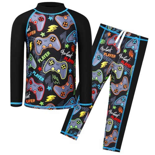 HUAANIUE Jungen Kinder Badeanzug 2-Teiliger Anti-UV UPF 50+ Kinder Jungen Strand Badeanzug Lang und Kurz 3-12 Jahre (S509-Schwarzes Spiel, 7-8 Jahre) von HUAANIUE