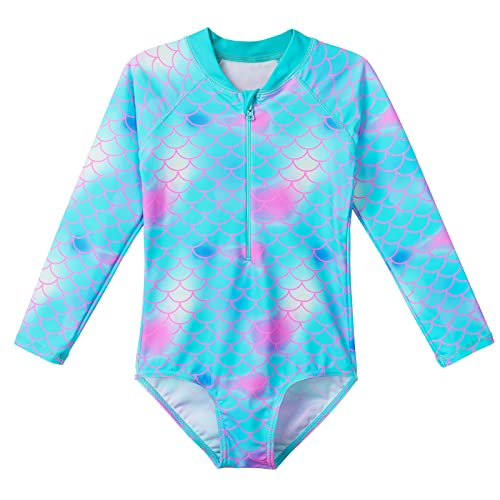 HUAANIUE Mädchen Badeanzug Langarm 1pcs Bademode UPF 50+ UV Sonnenanzug mit Reißverschluss 4-12Y Schwimmkleidung Sommer Baden Sportbekleidung, 3 Pinkcyanscale lange Badebekleidung, 5-6 Jahre von HUAANIUE