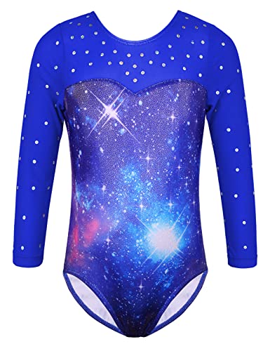 HUAANIUE Mädchen Gymnastik Trikot Langarm Ballett Trikot Blau Mädchen Sportbekleidung Tanzen Lila Gym Kleid Athletic Trikot Ballett Kinder Kostüm, O Longsleeve BlueGalaxy, 9-10 Jahre von HUAANIUE