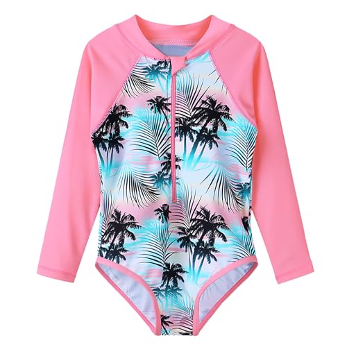 HUAANIUE Mädchen Kinder 1-Teiliger Badeanzug Anti-UV UPF 50+ Kinder Mädchen Badebekleidung mit Dreieckshose und Langen Ärmeln 4-11 Jahre (S281-Grün Rosa, 10-11 Ans) von HUAANIUE