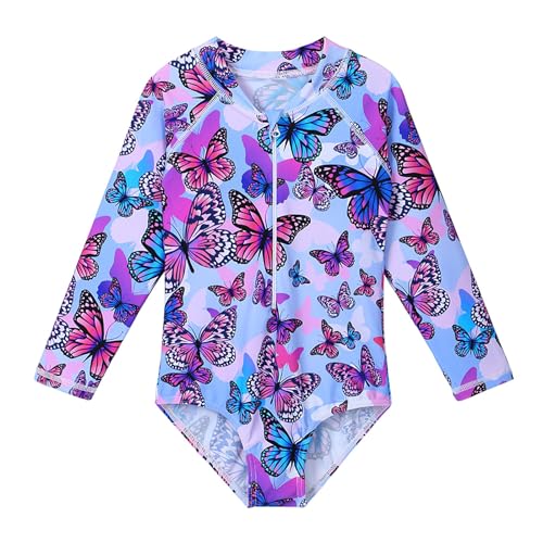 HUAANIUE Mädchen Kinder 1-Teiliger Badeanzug Anti-UV UPF 50+ Kinder Mädchen Badebekleidung mit Dreieckshose und Langen Ärmeln 4-11 Jahre (S294-Viollett Schmetterling, 7-8 Ans) von HUAANIUE