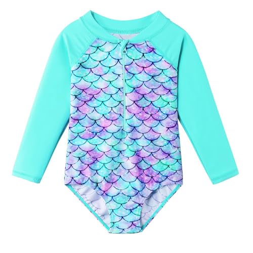 HUAANIUE Mädchen Kinder 1-Teiliger Badeanzug Anti-UV UPF 50+ Kinder Mädchen Badebekleidung mit Dreieckshose und Langen Ärmeln 4-11 Jahre (S314-Cyan Schuppen, 5-6 Ans) von HUAANIUE