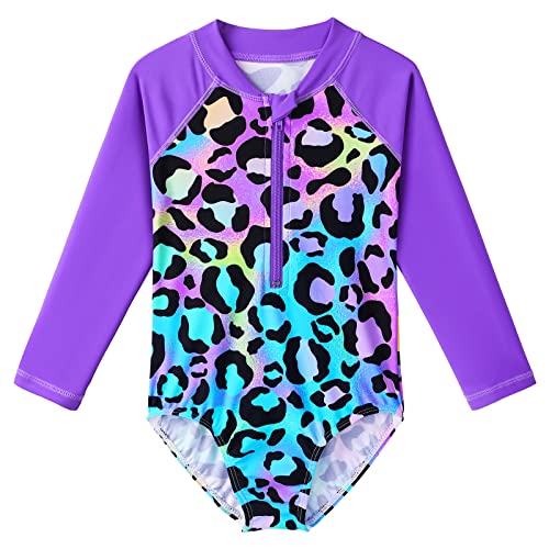 HUAANIUE Mädchen Kinder 1-Teiliger Badeanzug Anti-UV UPF 50+ Kinder Mädchen Badebekleidung mit Dreieckshose und Langen Ärmeln 4-11 Jahre (S410-Viollett Leopard, 4-5 Ans) von HUAANIUE