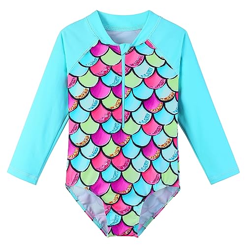 HUAANIUE Mädchen Kinder 1-Teiliger Badeanzug Anti-UV UPF 50+ Kinder Mädchen Badebekleidung mit Dreieckshose und Langen Ärmeln 4-11 Jahre (S422-Cyan Shuppen, 5-6 Ans) von HUAANIUE