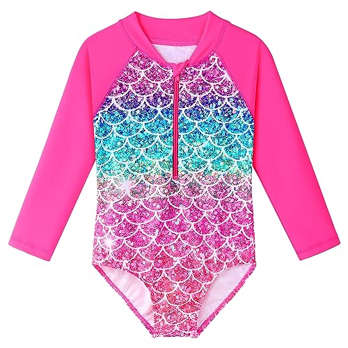 HUAANIUE Mädchen Kinder 1-Teiliger Badeanzug Anti-UV UPF 50+ Kinder Mädchen Badebekleidung mit Dreieckshose und Langen Ärmeln 4-11 Jahre (S422-Leuchtend Rosa Schuppen, 7-8 Ans) von HUAANIUE