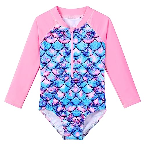HUAANIUE Mädchen Kinder 1-Teiliger Badeanzug Anti-UV UPF 50+ Kinder Mädchen Badebekleidung mit Dreieckshose und Langen Ärmeln 4-11 Jahre (S422-Rosa Schuppen, 5-6 Ans) von HUAANIUE