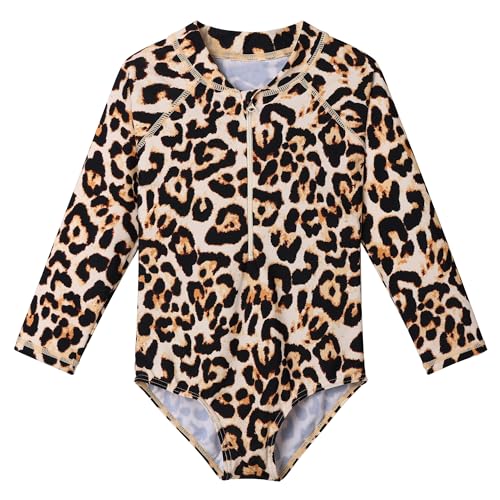 HUAANIUE Mädchen Kinder 1-Teiliger Badeanzug Anti-UV UPF 50+ Kinder Mädchen Badebekleidung mit Dreieckshose und Langen Ärmeln 4-11 Jahre (S422-Schwarzer Leopard, 7-8 Ans) von HUAANIUE