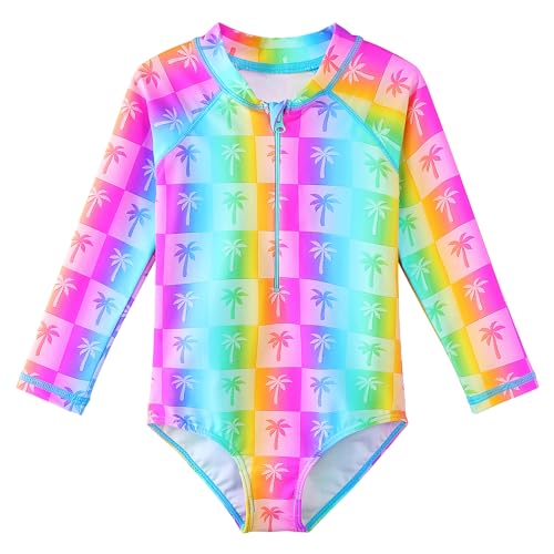 HUAANIUE Mädchen Kinder 1-Teiliger Badeanzug Anti-UV UPF 50+ Kinder Mädchen Badebekleidung mit Dreieckshose und Langen Ärmeln 4-11 Jahre (S437-Regenbogen Kokospalme, 8-9 Ans) von HUAANIUE