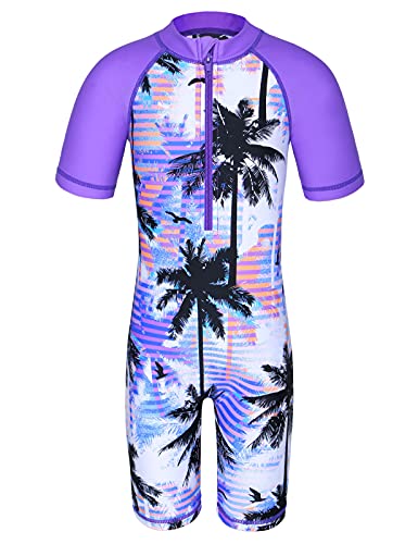 HUAANIUE Mädchen Badeanzug 2-12 Jahre, Einteiler mit UV-Schutz UPF50+, Kurzarm, Front-Reißverschluss, Bunte Druckmuster ideal für Schwimmen & Strand (S345-Lila Baum, 8-10 Jahre) von HUAANIUE