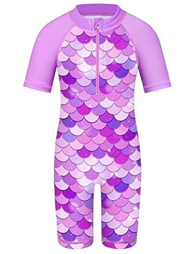 HUAANIUE Mädchen Badeanzug 2-12 Jahre, Einteiler mit UV-Schutz UPF50+, Kurzarm, Front-Reißverschluss, Bunte Druckmuster ideal für Schwimmen & Strand (S406-Lila Schuppen, 10-11 Jahre) von HUAANIUE