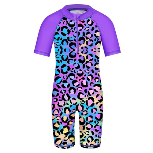 HUAANIUE Mädchen Badeanzug 2-12 Jahre, Einteiler mit UV-Schutz UPF50+, Kurzarm, Front-Reißverschluss, Bunte Druckmuster ideal für Schwimmen & Strand (S408-Violett Leopard, 11-12 Jahre) von HUAANIUE