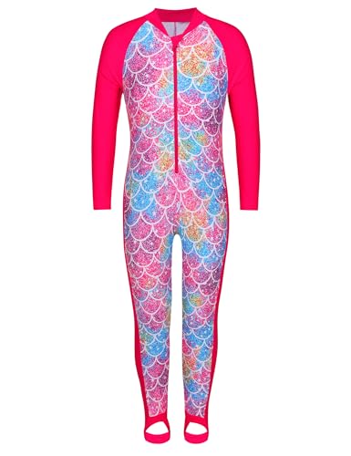 HUAANIUE Mädchen Kinder 1-Teiliger Badeanzug Anti-UV UPF 50+ Kinder Mädchen Lange Ärmel Lange Hose Ganzkörper-Schutz-Badeanzug 1 Jahr-10 Jahre (S243-Leuchtend Rosa Schuppen, 7-8 Jahre) von HUAANIUE