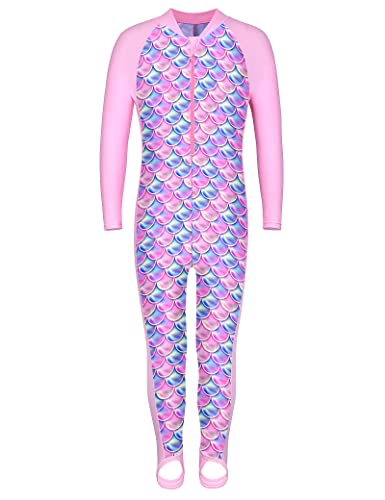 HUAANIUE Mädchen Kinder 1-Teiliger Badeanzug Anti-UV UPF 50+ Kinder Mädchen Lange Ärmel Lange Hose Ganzkörper-Schutz-Badeanzug mit Reißverschluss 1 Jahr-10 Jahre (S243-Rosa Schuppen, 8-10 Jahre) von HUAANIUE