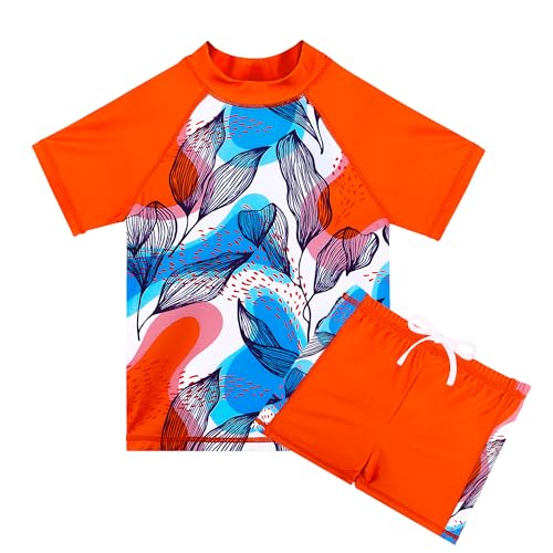 HUAANIUE Mädchen Kinder 2-Teiliger Badeanzug Anti-UV UPF 50+ Kinder Mädchen Kurze Badebekleidung 2-12 Jahre (S332-Orange Blätter, 5-6 Jahre) von HUAANIUE