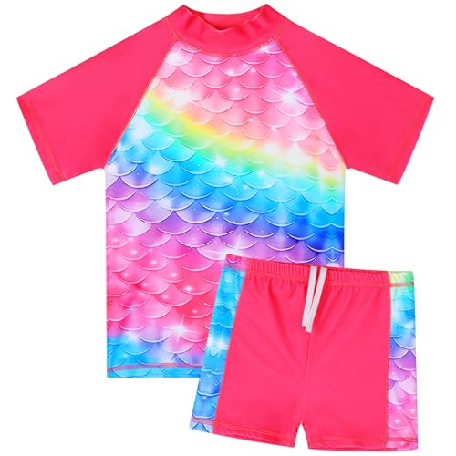 HUAANIUE Mädchen Kinder 2-Teiliger Badeanzug Anti-UV UPF 50+ Kinder Mädchen Kurze Badebekleidung 2-12 Jahre (S332-Regenbogenschuppen, 5-6 Jahre) von HUAANIUE
