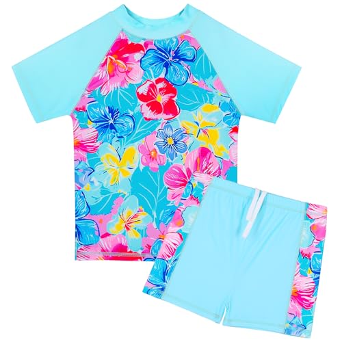 HUAANIUE Mädchen Kinder 2-Teiliger Badeanzug Anti-UV UPF 50+ Kinder Mädchen Kurze Badebekleidung 2-12 Jahre (S336-Rosa Blau, 3-4 Jahre) von HUAANIUE