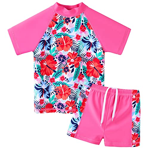 HUAANIUE Mädchen Kinder 2-Teiliger Badeanzug Anti-UV UPF 50+ Kinder Mädchen Kurze Badebekleidung 2-12 Jahre (S393-Leuchtend Rosa Blume, 5-6 Jahre) von HUAANIUE
