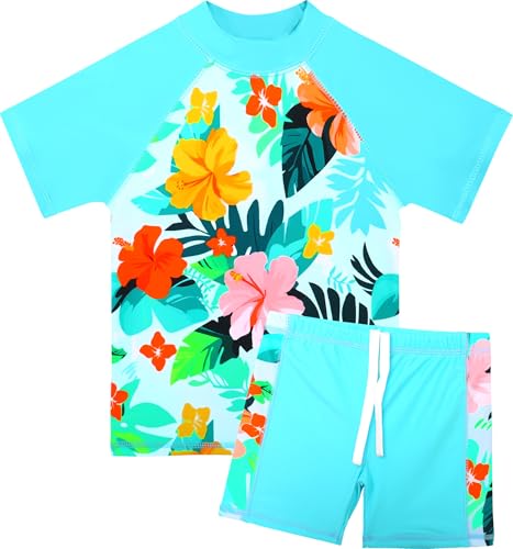 HUAANIUE Mädchen Kinder 2-Teiliger Badeanzug Anti-UV UPF 50+ Kinder Mädchen Kurze Badebekleidung 2-12 Jahre (S407-Hellblaue Blume, 9-10 Jahre) von HUAANIUE
