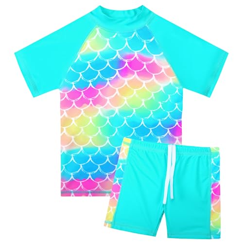 HUAANIUE Mädchen Kinder 2-Teiliger Badeanzug Anti-UV UPF 50+ Kinder Mädchen Kurze Badebekleidung 2-12 Jahre (S407-Regenbogenschuppen, 9-10 Jahre) von HUAANIUE