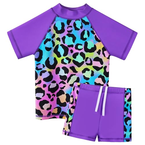 HUAANIUE Mädchen Kinder 2-Teiliger Badeanzug Anti-UV UPF 50+ Kinder Mädchen Kurze Badebekleidung 2-12 Jahre (S407-Violetter Leopardenmuster, 5-6 Jahre) von HUAANIUE