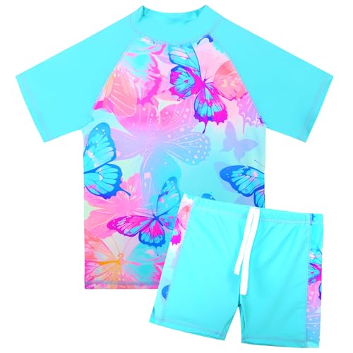 HUAANIUE Mädchen Kinder 2-Teiliger Badeanzug Anti-UV UPF 50+ Kinder Mädchen Kurze Badebekleidung 2-12 Jahre (S455-Hellblauer Schmetterling, 9-10 Jahre) von HUAANIUE