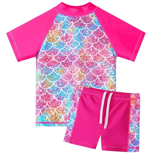 HUAANIUE Mädchen Kinder 2-Teiliger Badeanzug Anti-UV UPF 50+ Kinder Mädchen Kurze Badebekleidung 2-12 Jahre (S455-Leuchtend Rosa Schuppen, 8-9 Jahre) von HUAANIUE